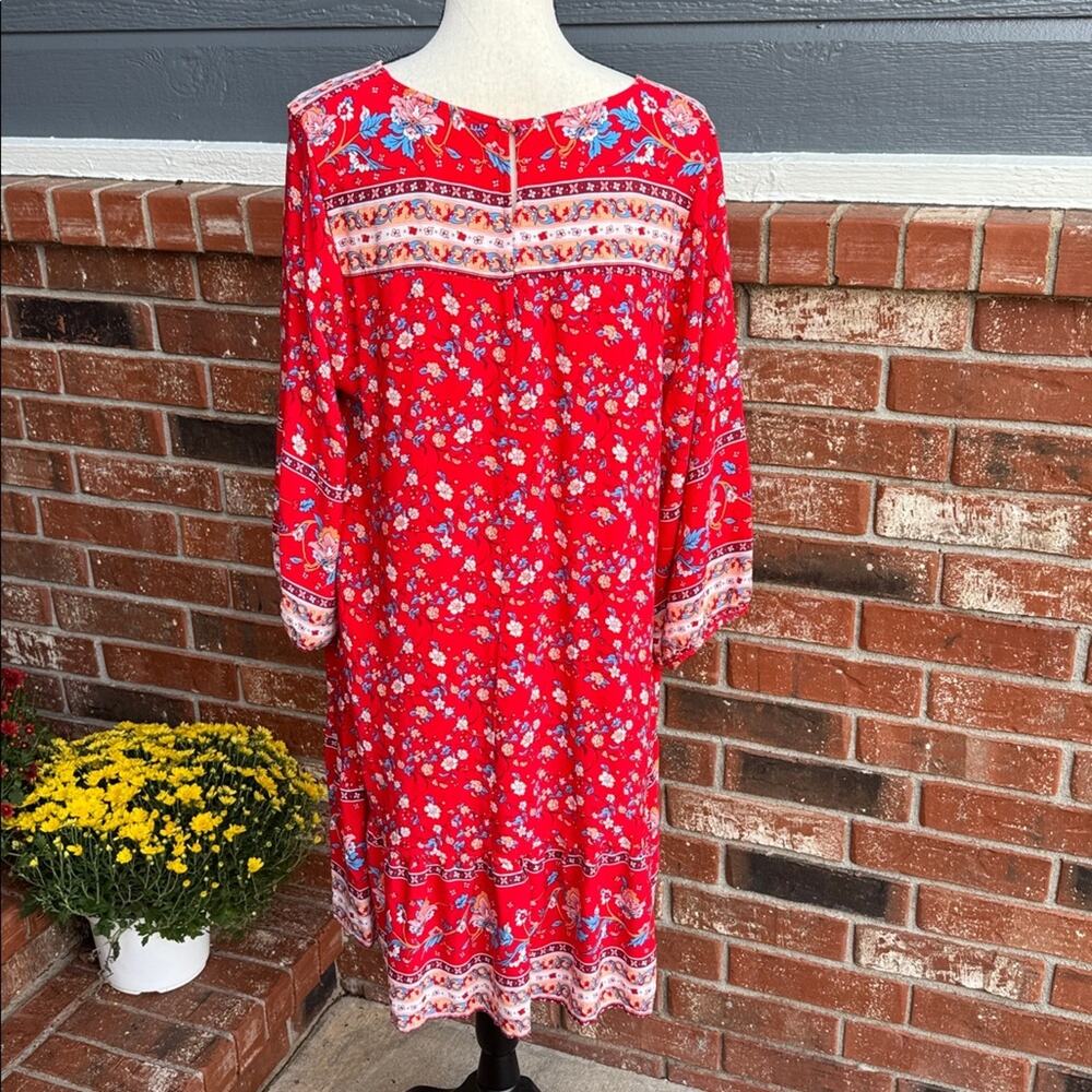 Umgee Women's Large Red Blue Floral Mini Dress Boho Bell Sleeve Oversized Tunic - Picture 6 of 8